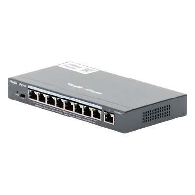 RUIJIE - Switch Administrable PoE+ / 9 Puertos Gigabit / 8 Puertos PoE+ 802.3af/at / 120 W / Alcance Extendido 250 m (820.2 ft) / Sin Ventilador