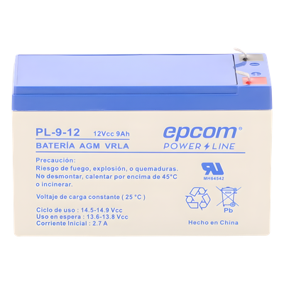 EPCOM POWERLINE - Batería 12 Vcc / 9 Ah / UL / Tecnología AGM-VRLA / Para uso en equipo electrónico Alarmas de intrusión / Incendio/ Control de acceso / Video Vigilancia / Terminales F1 / Cargador recomendado CHR-80.