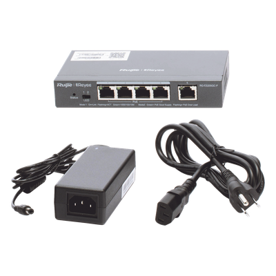 RUIJIE - Switch Administrable PoE / 5 Puertos Gigabit / 4 Puertos PoE 802.3af/at / 54 W / Capacidad 10 Gbps / Gestión Cloud / Sin Ventilador