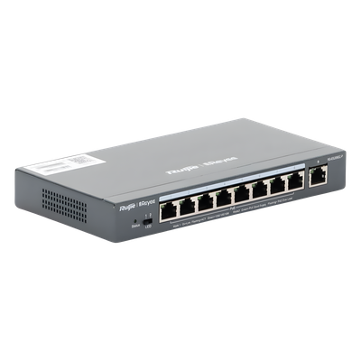 RUIJIE - Switch Administrable PoE+ / 9 Puertos Gigabit / 8 Puertos PoE+ 802.3af/at / 120 W / Alcance Extendido 250 m (820.2 ft) / Sin Ventilador