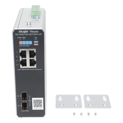 RUIJIE - Switch Industrial PoE+ / 4 Puertos Gigabit / 1 PoE++ 60W + 3 PoE+ 30W / 2 SFP Uplink / 12 Gbps / -40°C a 75°C / Protección 6 kV