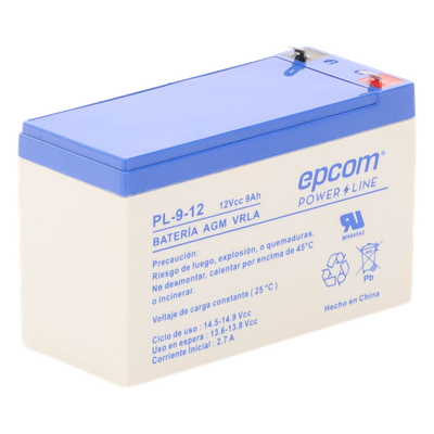 EPCOM POWERLINE - Batería 12 Vcc / 9 Ah / UL / Tecnología AGM-VRLA / Para uso en equipo electrónico Alarmas de intrusión / Incendio/ Control de acceso / Video Vigilancia / Terminales F1 / Cargador recomendado CHR-80.