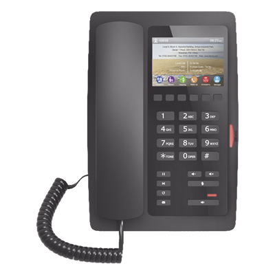 FANVIL - Teléfono IP Hotelero / Pantalla LCD Color 3.5" / 2 Líneas SIP / 6 Teclas Hotline / Puerto USB Carga / PoE 802.3af / Personalización Logo Hotel