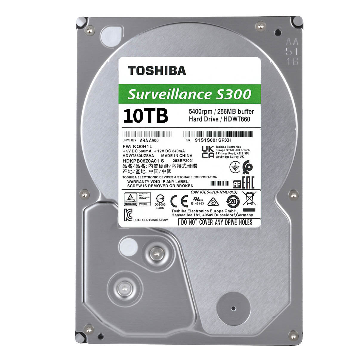 TOSHIBA - Disco Duro Interno Toshiba S300 Pro 10TB 3.5" 7200RPM SATA lll 6Gbit/s 256MB Caché hasta 64 Cámaras para Videovigilancia